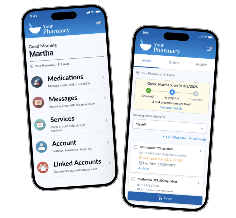 Two phone screens of the patient portal showing the home menu and a medication refill list